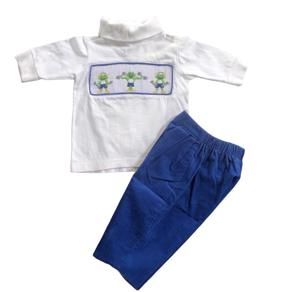 Fancy Threads Boys Smocked "Work Out"Turtles Top and Royal Blue Pants Outfit 3M